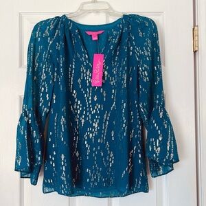 Lilly Pulitzer Matilda Fish Clip Chiffon silk blue green teal NWT XXS